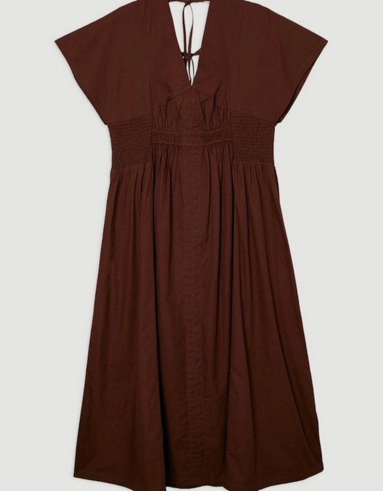 Shirred Cotton Woven Plunge Neck Short Sleeve Maxi Dress