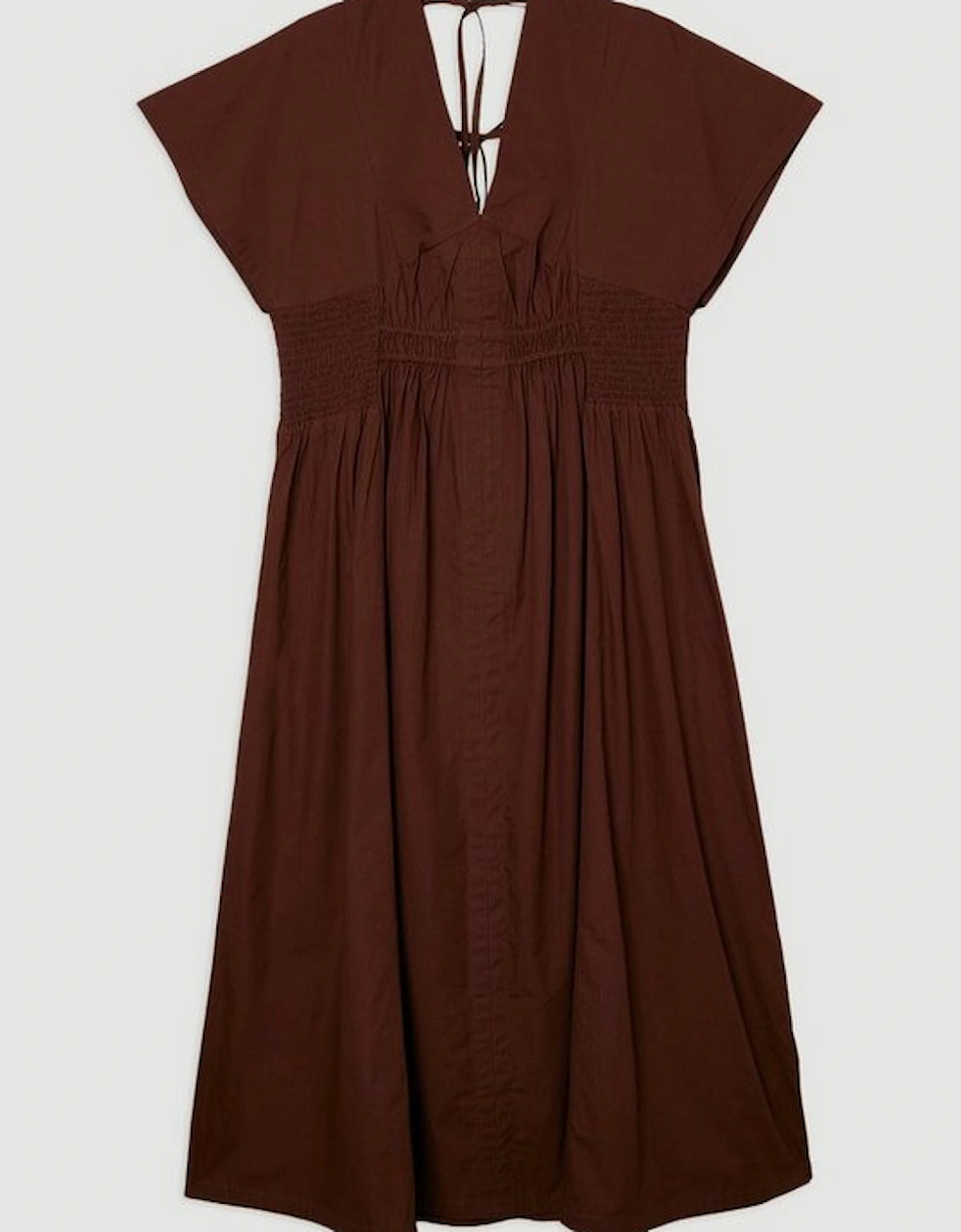 Shirred Cotton Woven Plunge Neck Short Sleeve Maxi Dress
