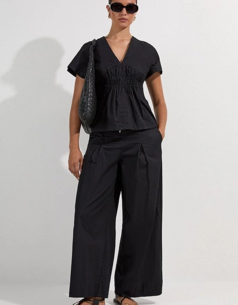 Shirred Cotton Wide Leg Woven Trouser