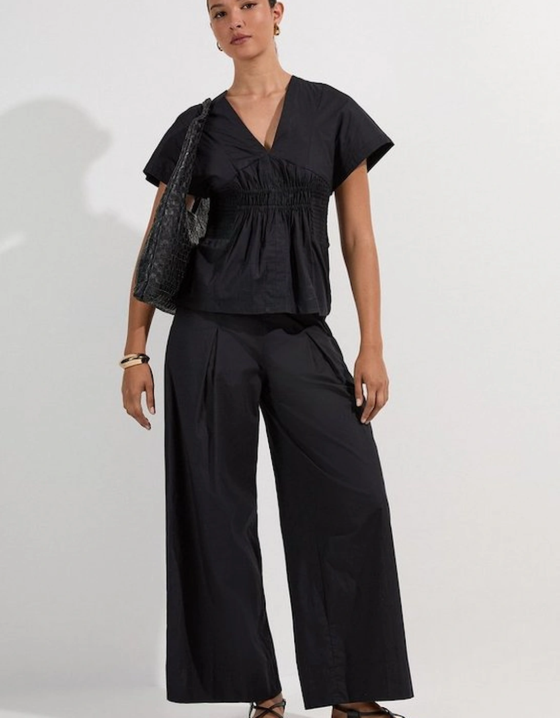 Shirred Cotton Woven Plunge Neck Short Sleeve Top
