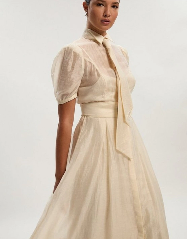 Organdie Tie Neck Woven Midi Dress