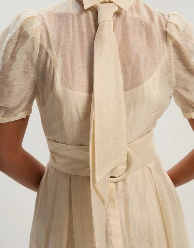 Organdie Tie Neck Woven Midi Dress
