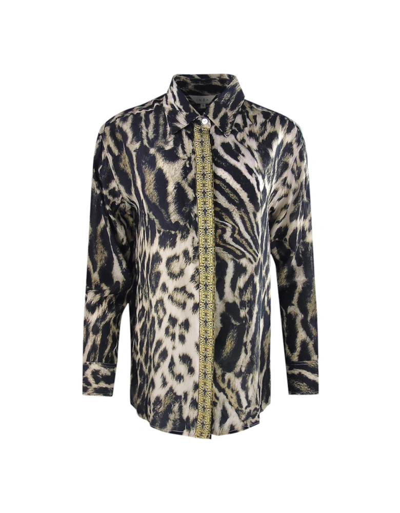 Fashion Siberia/1927 Brown Animal Print Collar Shirt Womens