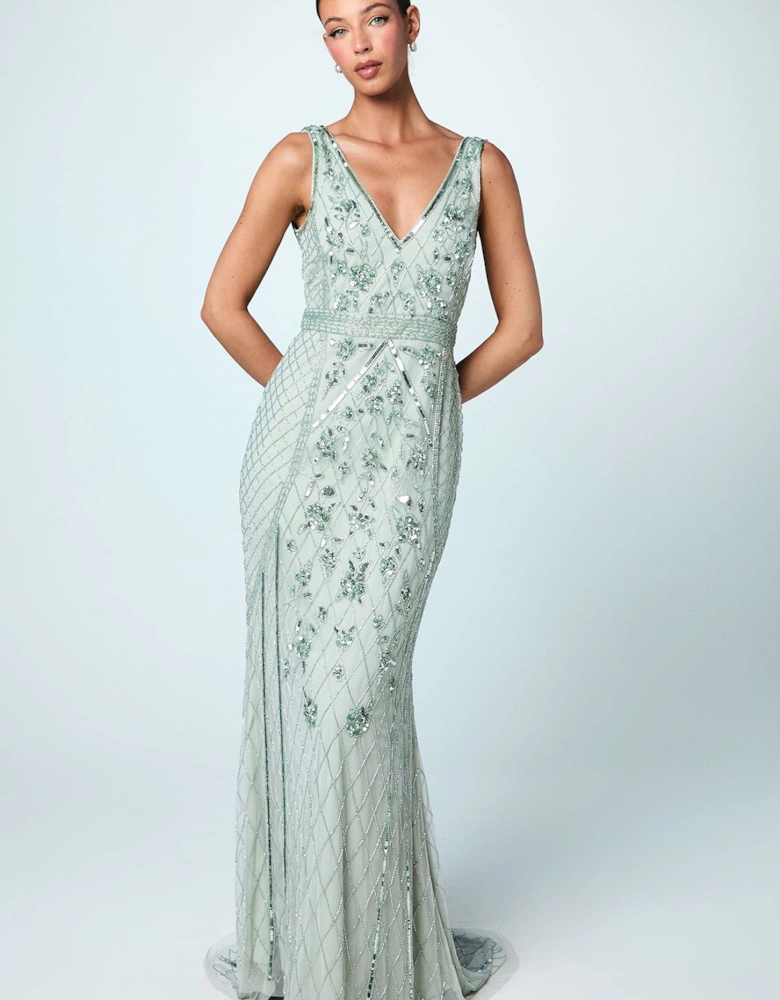 Plunge Floral Embellished Bridesmaid Dress