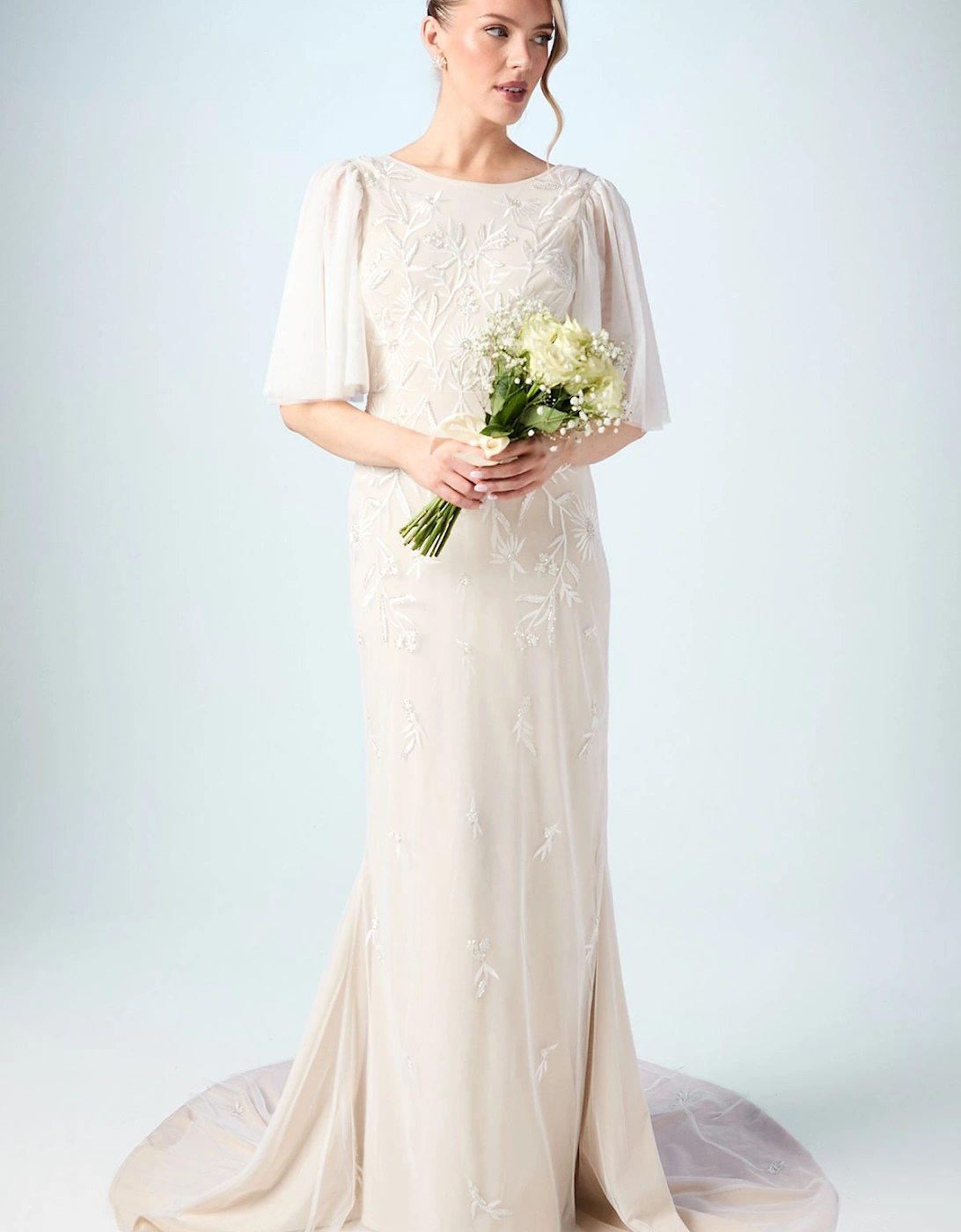 Flutter Sleeve Embroidered Tulle Wedding Dress, 2 of 1