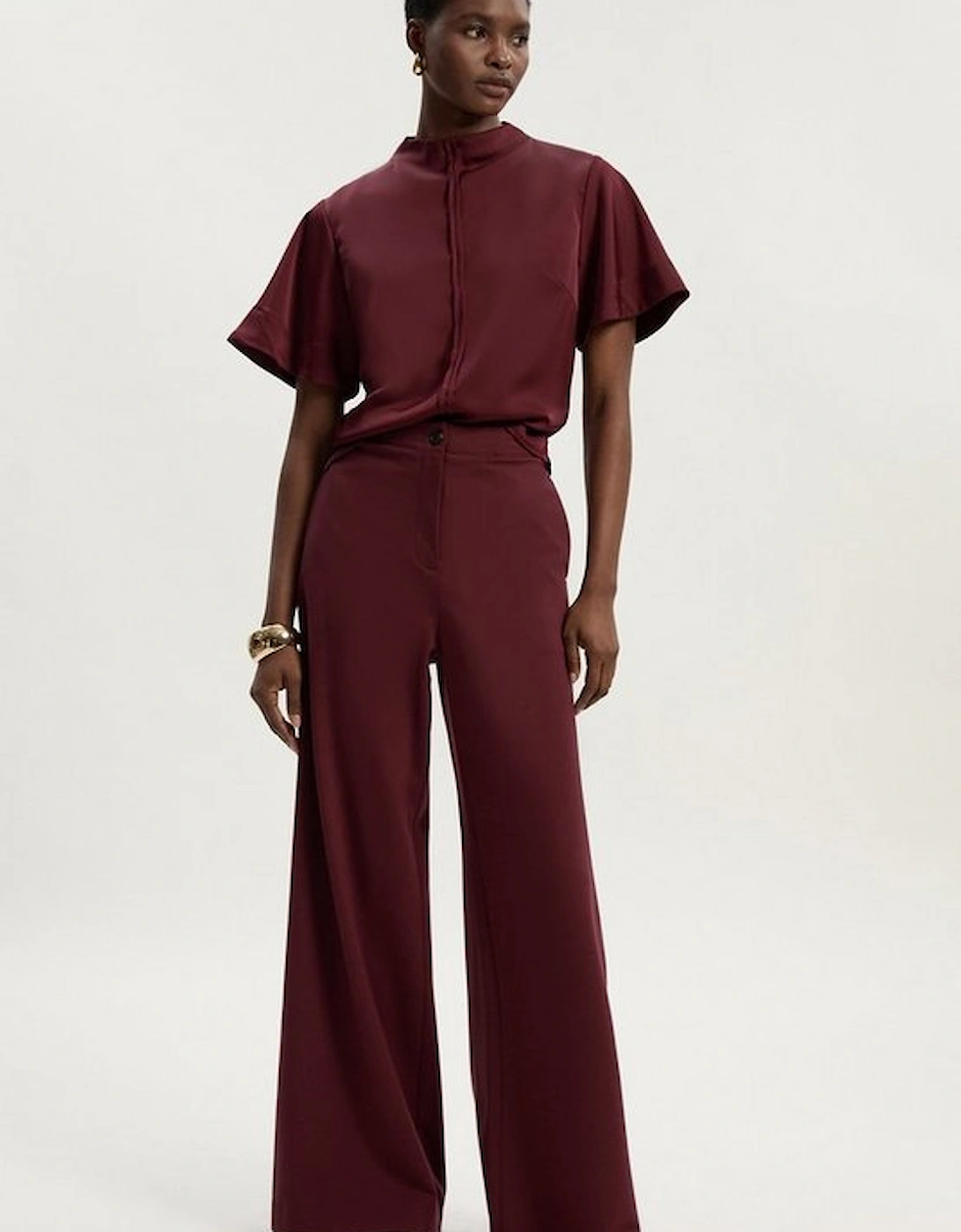 Ponte And Pu Mix Tab Detail Tailored Wide Leg Trouser, 2 of 1