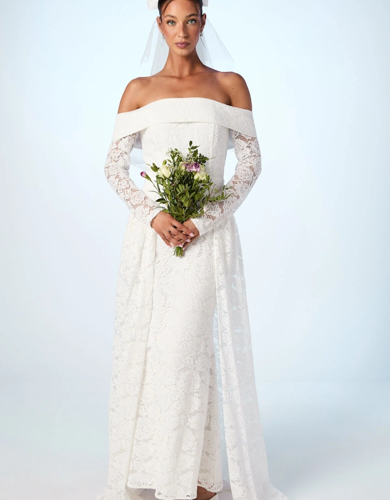 Bardot Long Sleeve Lace Wedding Dress With Removeable Skirt