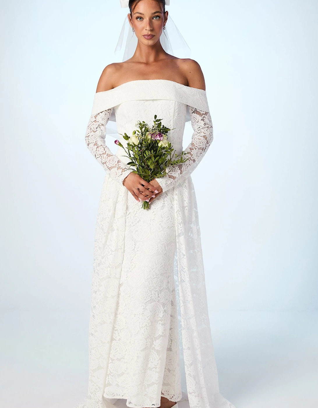 Bardot Long Sleeve Lace Wedding Dress With Removeable Skirt, 2 of 1