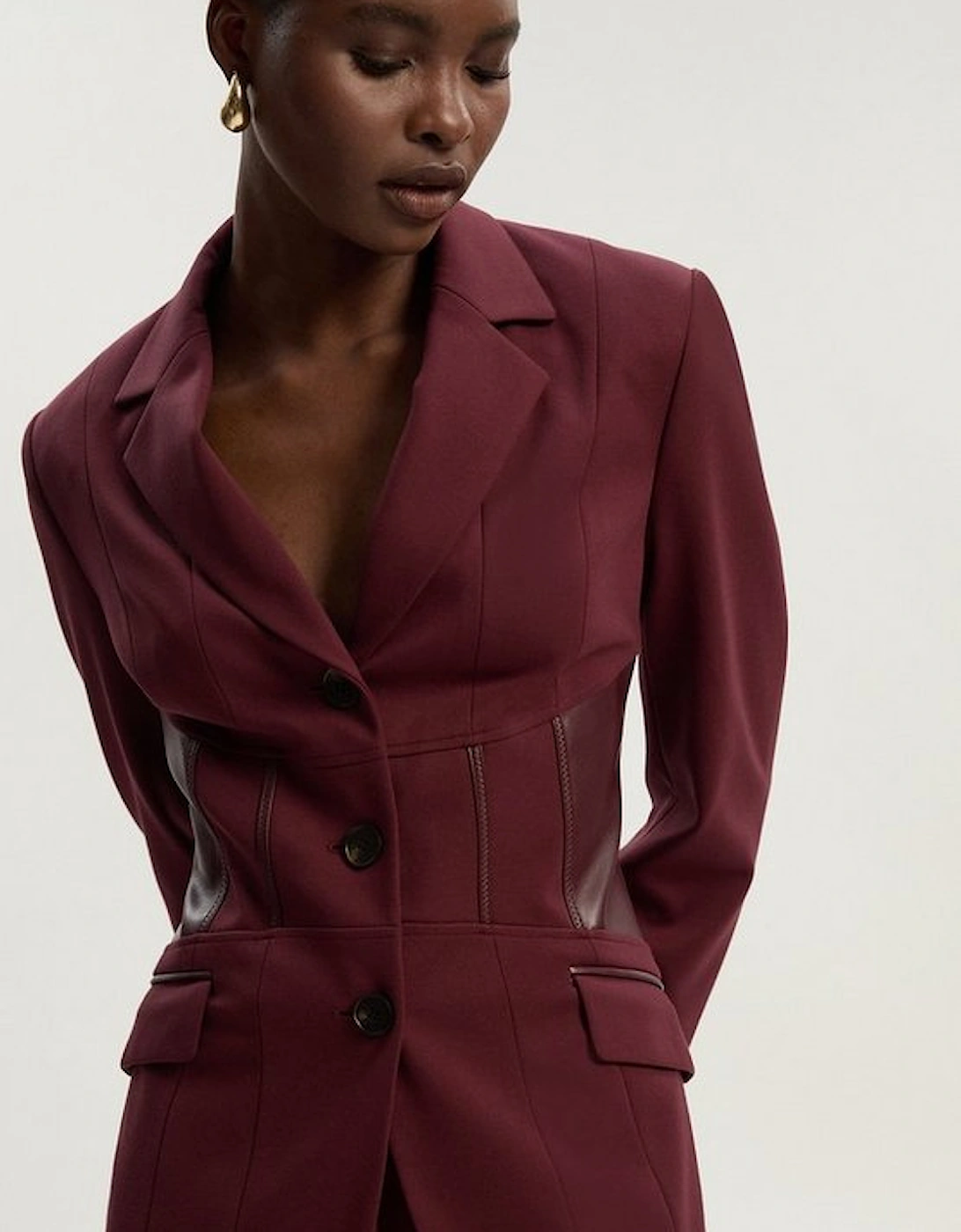 Ponte And Pu Mix Waist Seam Detail Tailored Single Breasted Blazer, 2 of 1