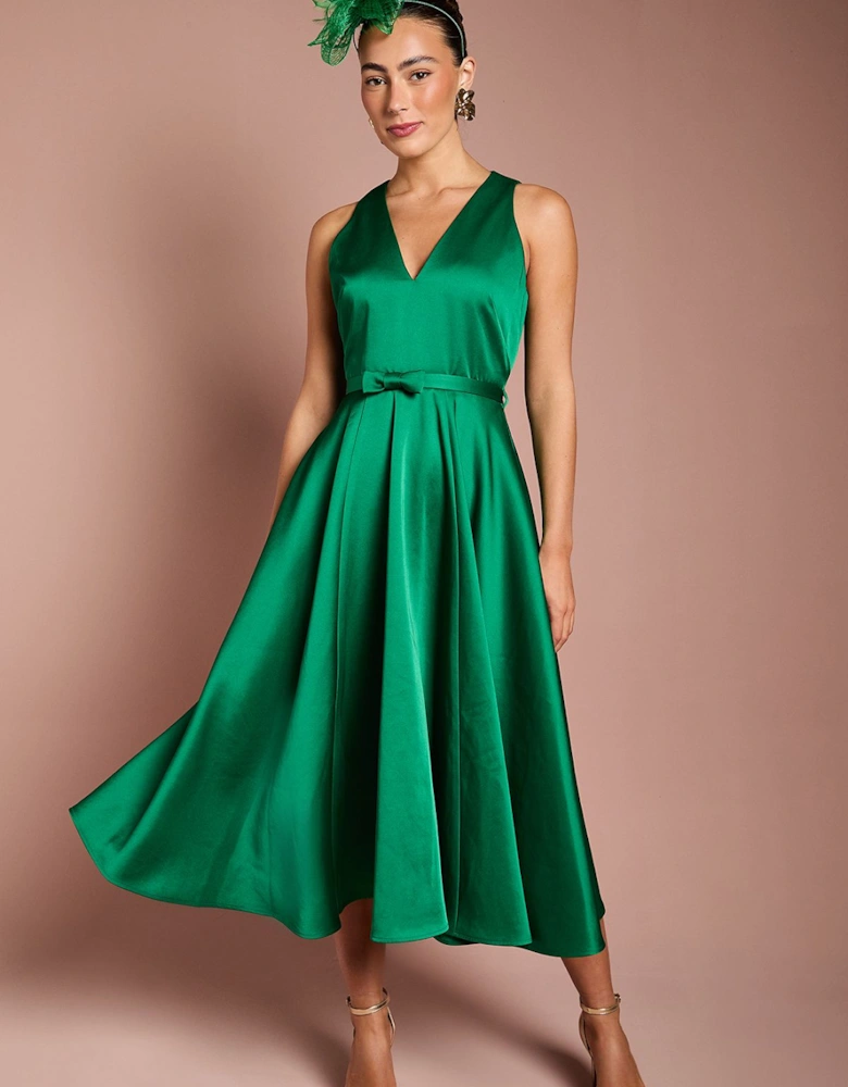 Bow Trim V Neck Volume Skirt Midi Dress