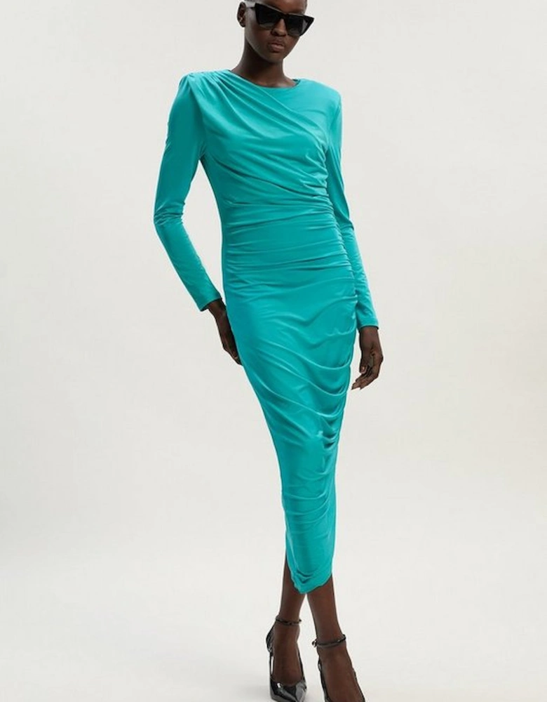 Jersey Crepe Ruched Long Sleeve Maxi Dress