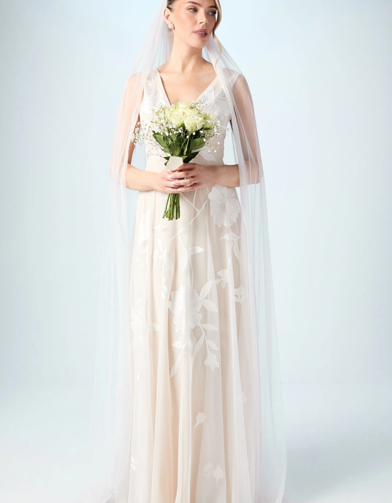 Embroidered V Neck Wedding Dress With Contrast Lining