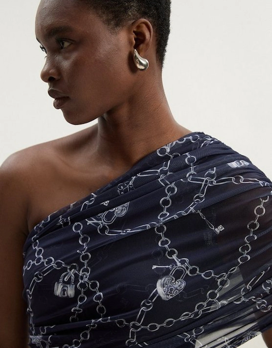 Petite Chain Print Mesh One Shoulder Midi Dress