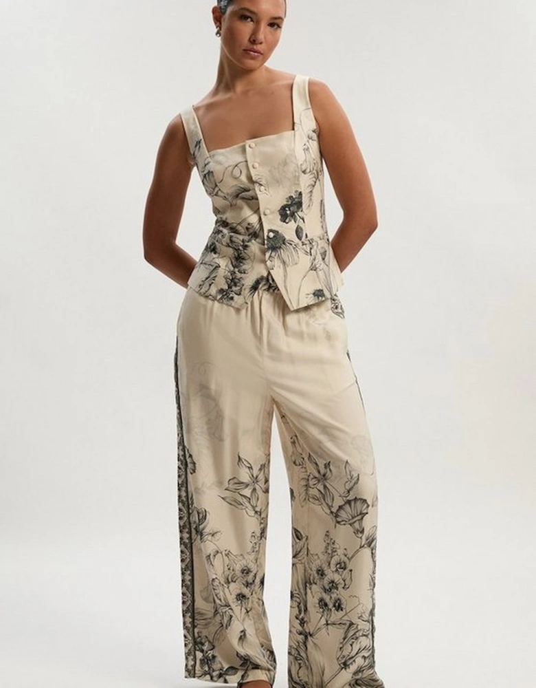 Petite Viscose Linen Scenic Placed Print Woven Wide Leg Trousers