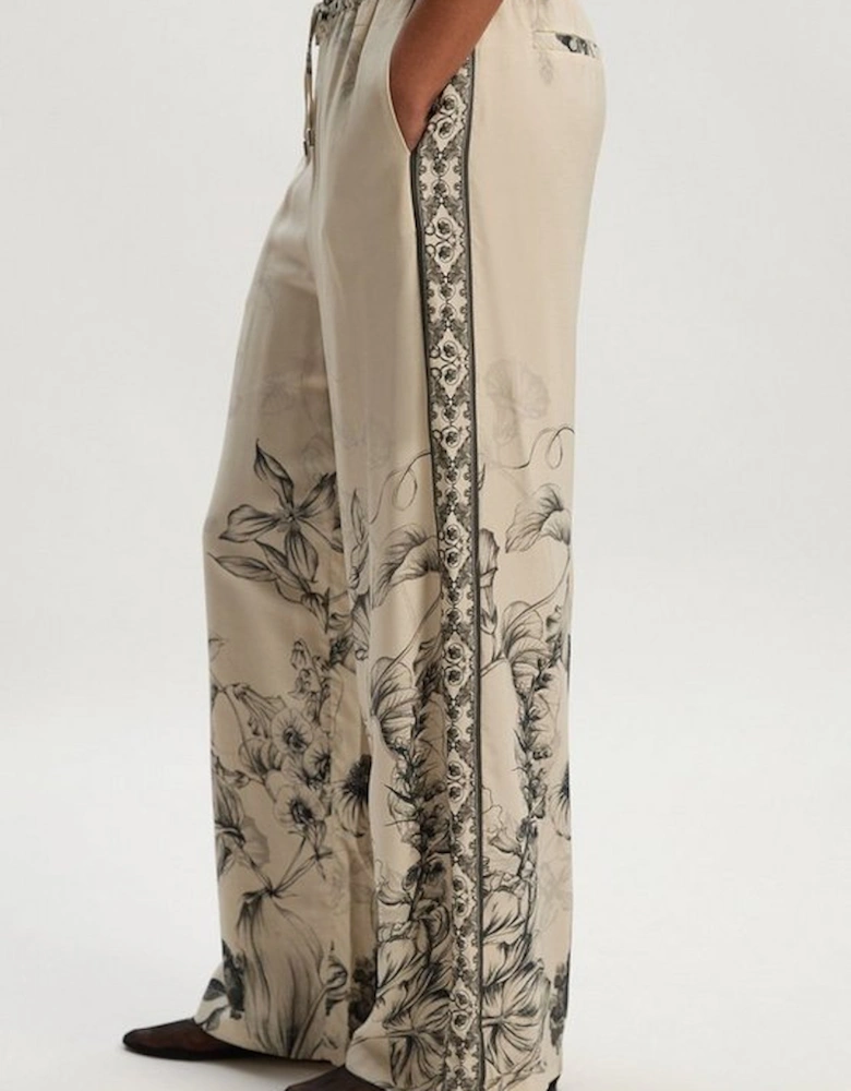 Petite Viscose Linen Scenic Placed Print Woven Wide Leg Trousers
