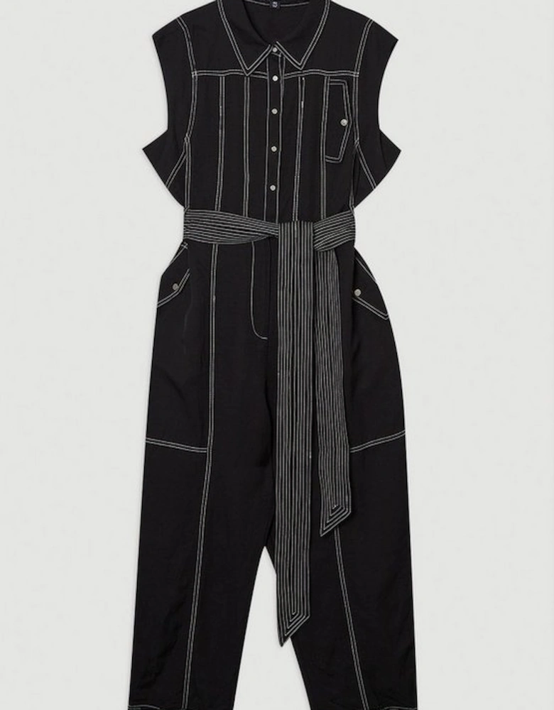Tall Premium Linen Twill Topstitch Woven Jumpsuit