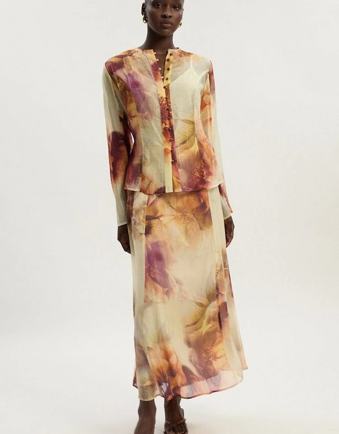 Floral Print Crinkle Georgette Button Detail Woven Blouse