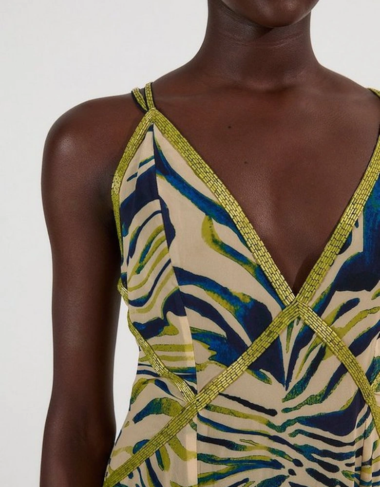 Animal Print Georgette Embellished Strappy Woven Maxi Dress