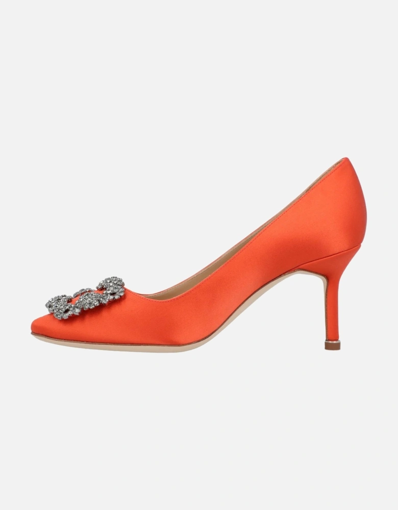Crystal Buckle Satin Almond Toe Mid-Heel Pumps