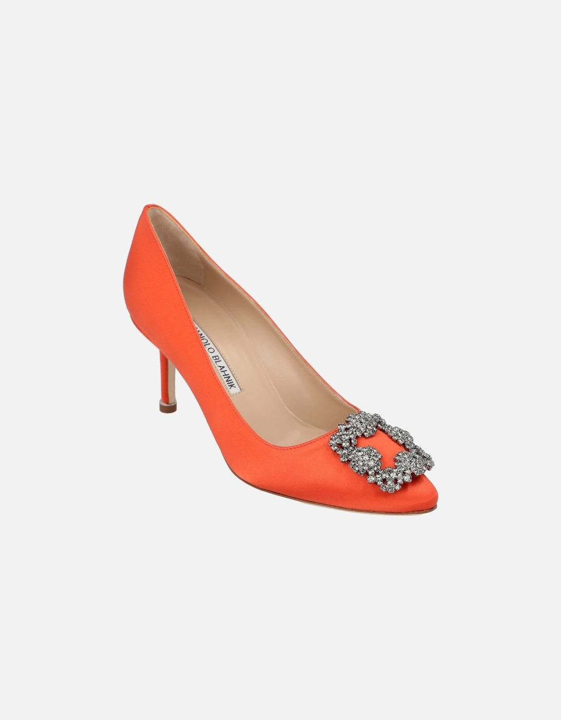 Crystal Buckle Satin Almond Toe Mid-Heel Pumps