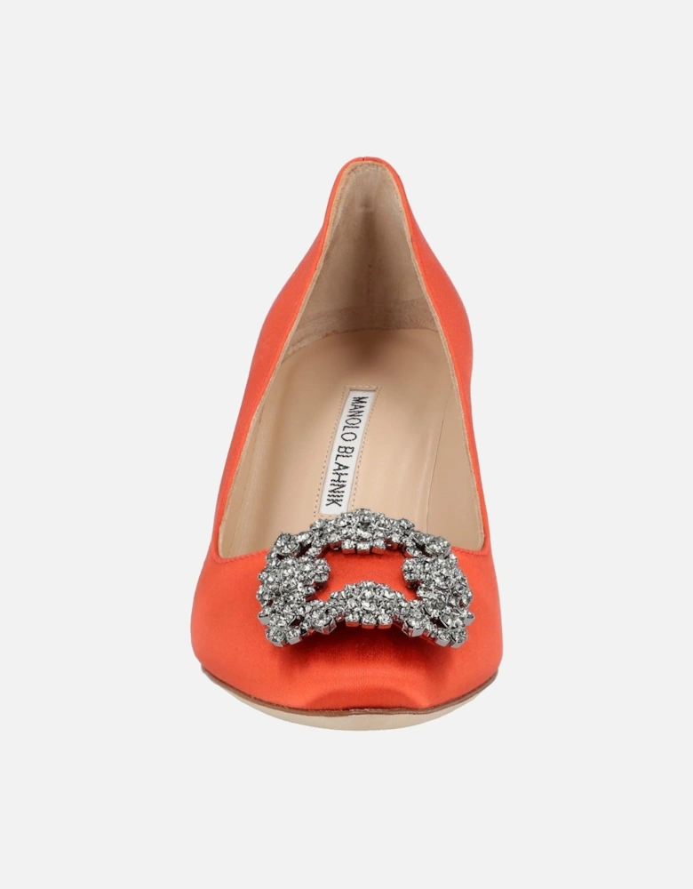 Crystal Buckle Satin Almond Toe Mid-Heel Pumps