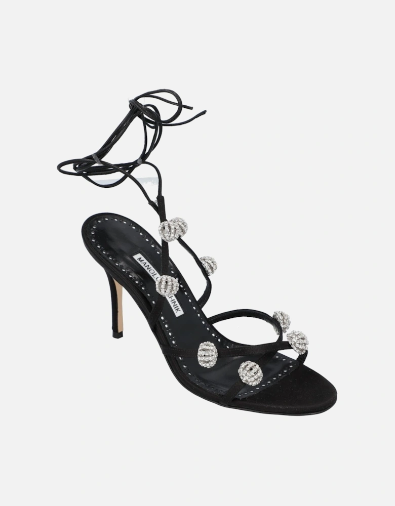 Crystal Embellished Black Sandals with High Heel