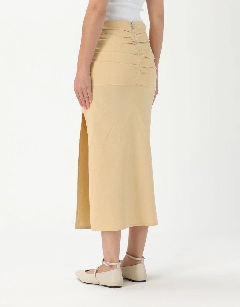 Midi Skirt Pleated Waist Side Buttons