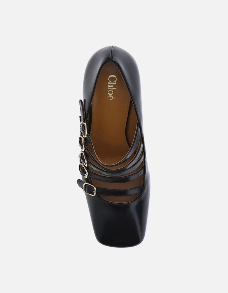 Elegant Calfskin Pumps with Block Heel and Gold Buckle Detailing