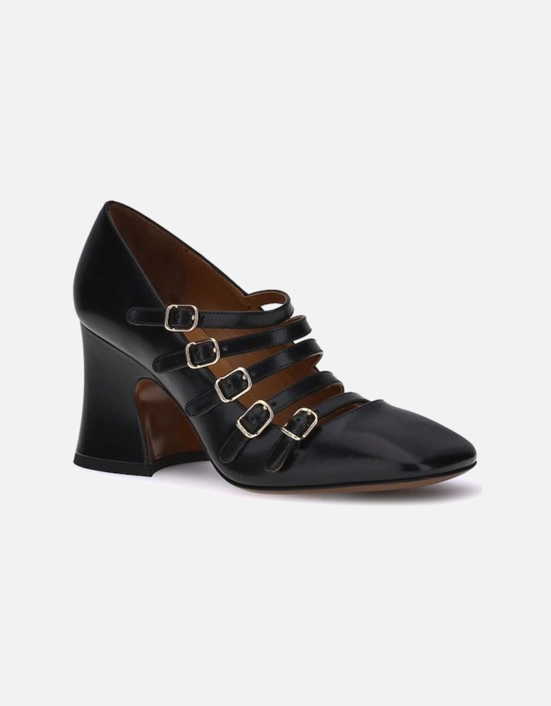 Elegant Calfskin Pumps with Block Heel and Gold Buckle Detailing
