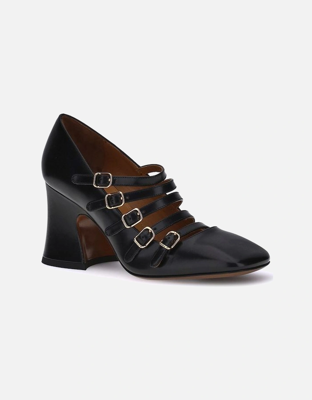 Elegant Calfskin Pumps with Block Heel and Gold Buckle Detailing