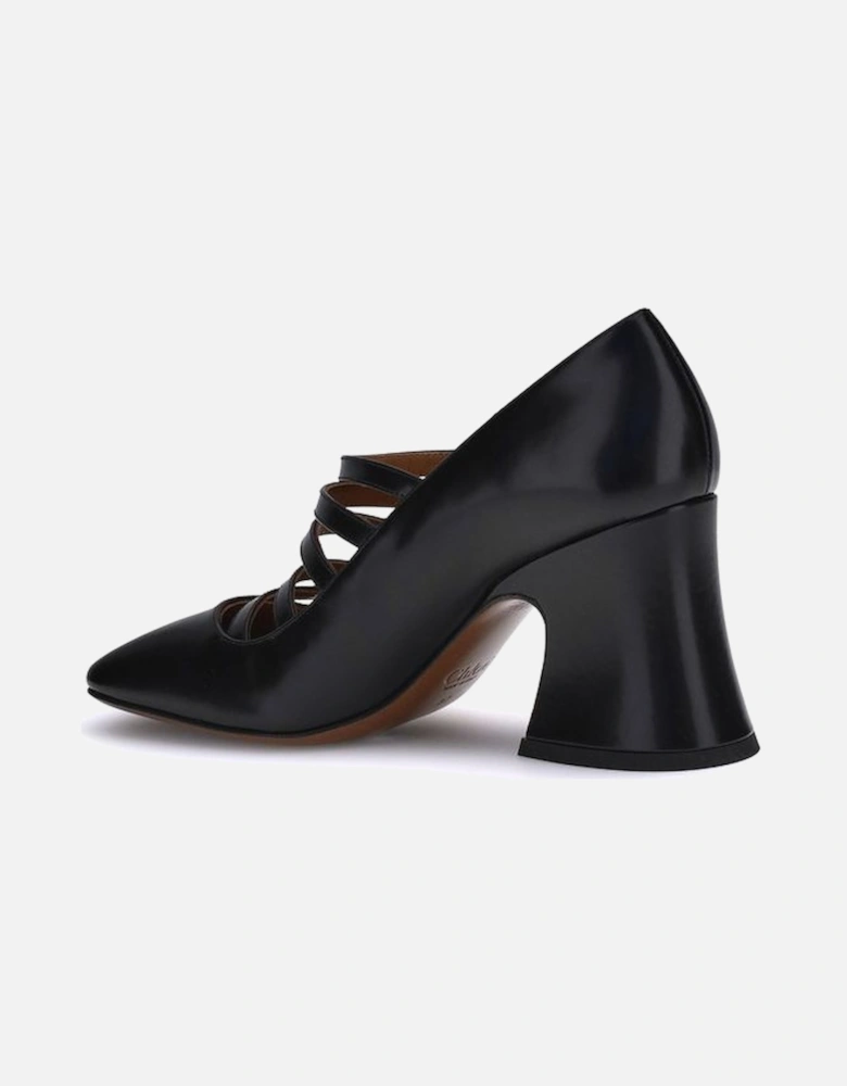 Elegant Calfskin Pumps with Block Heel and Gold Buckle Detailing