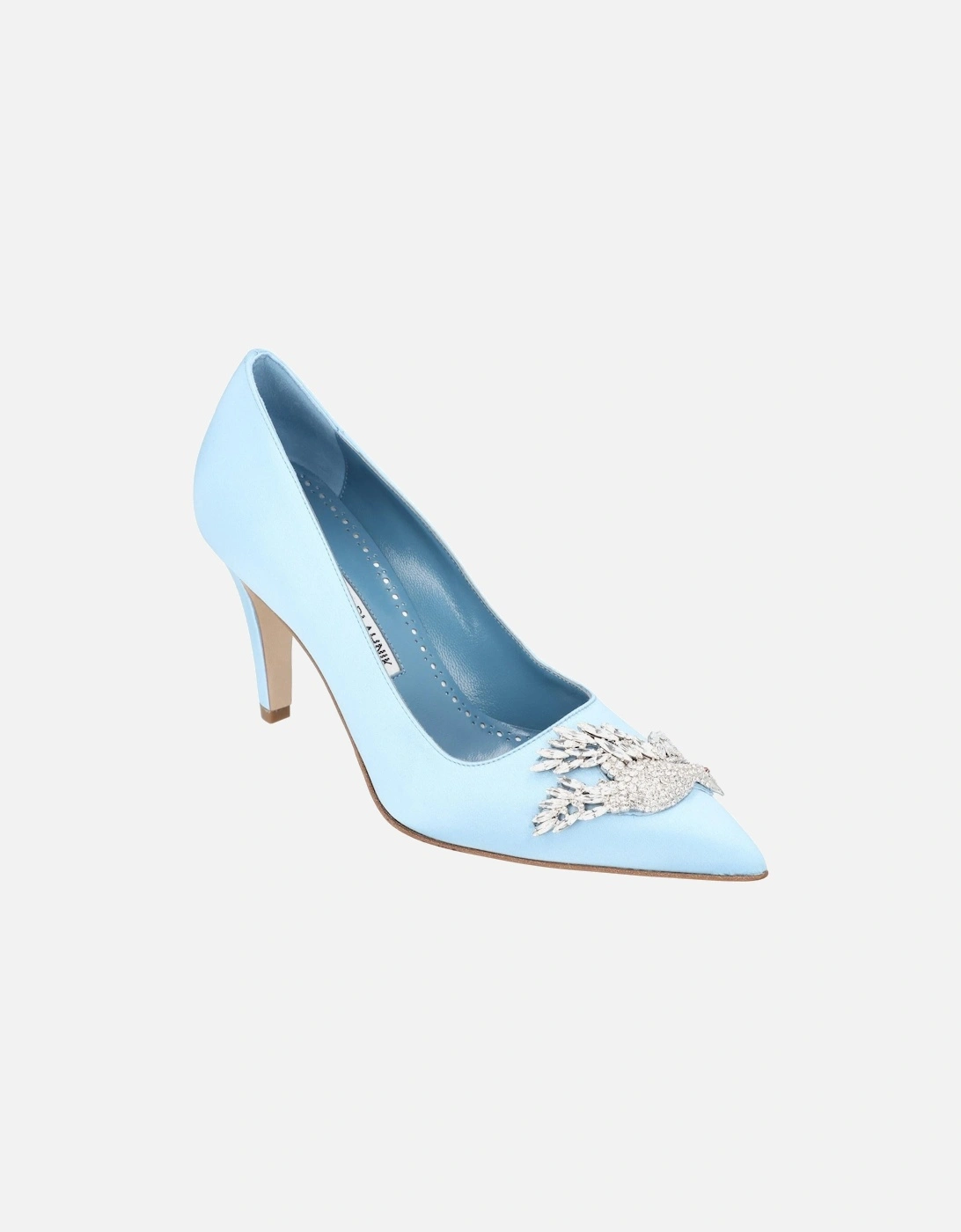 Blue Satin Crystal Embellished Block Heel Pumps