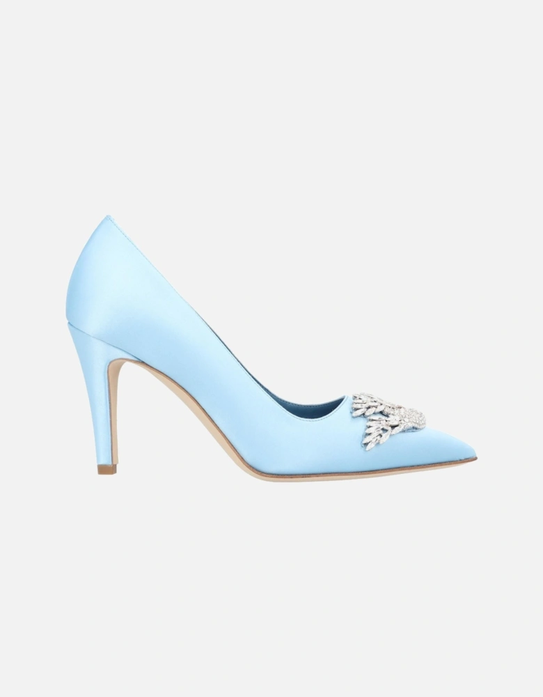 Blue Satin Crystal Embellished Block Heel Pumps