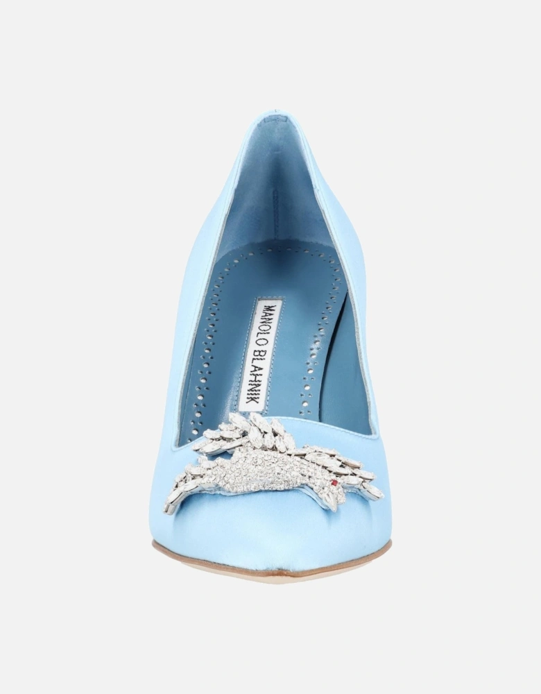 Blue Satin Crystal Embellished Block Heel Pumps