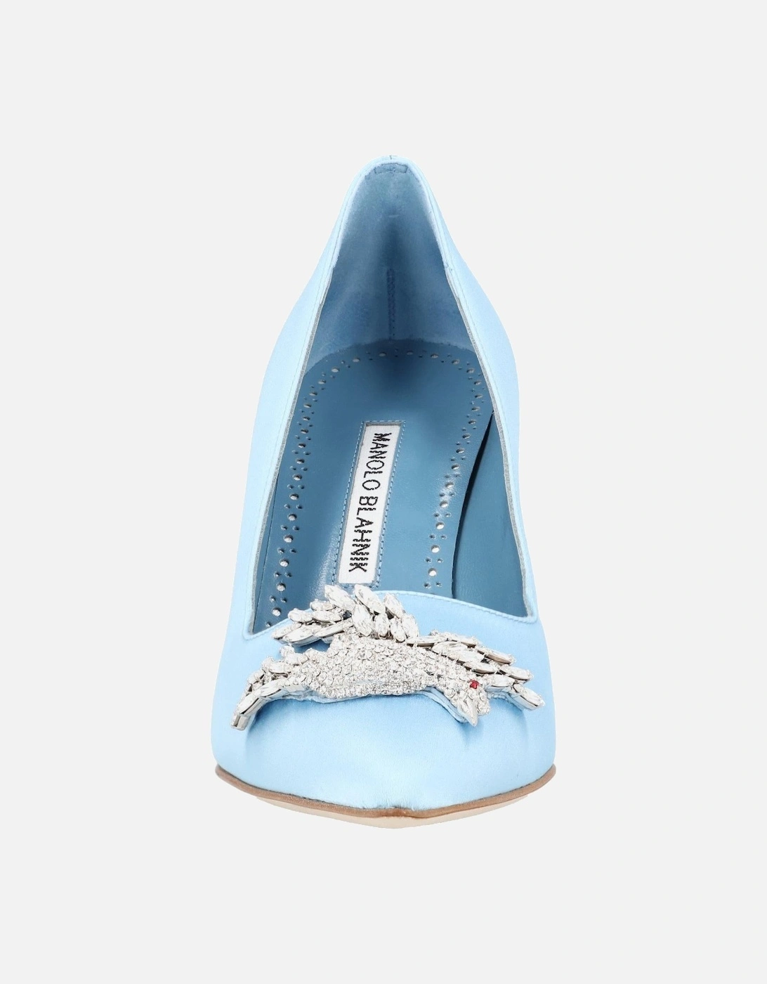 Blue Satin Crystal Embellished Block Heel Pumps