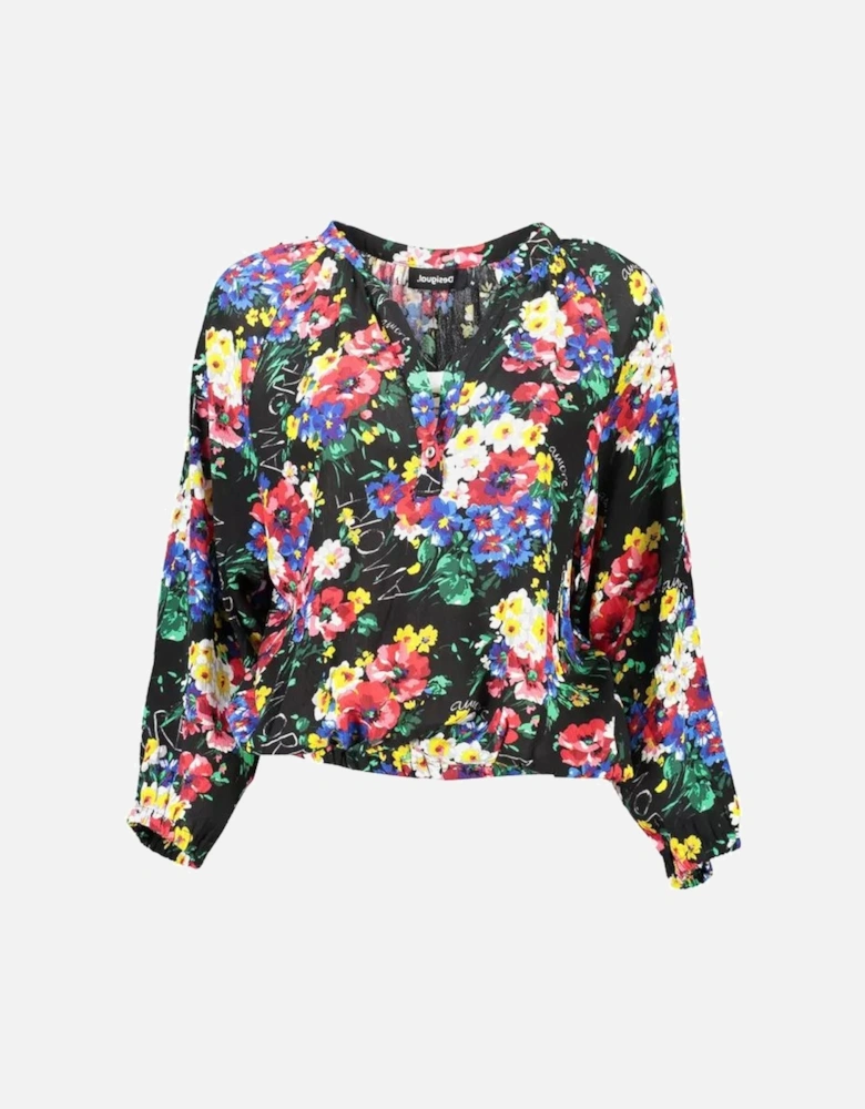 Long-Sleeved V-Neck T-Shirt with Elastic Waist and Cuffs