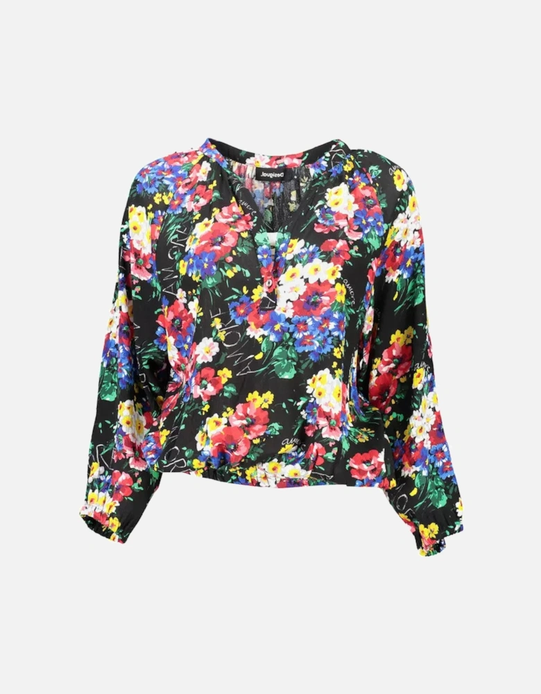 Long-Sleeved V-Neck T-Shirt with Elastic Waist and Cuffs
