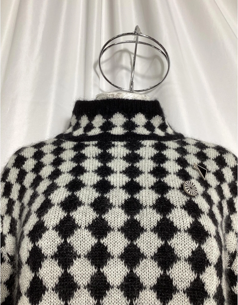 Checkerboard Pattern Mock Neck Sweater