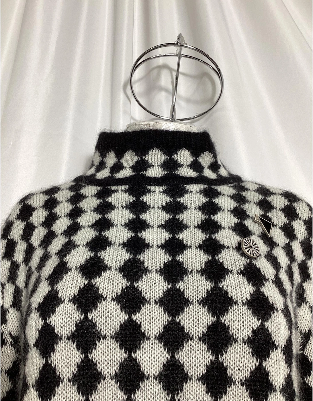 Checkerboard Pattern Mock Neck Sweater