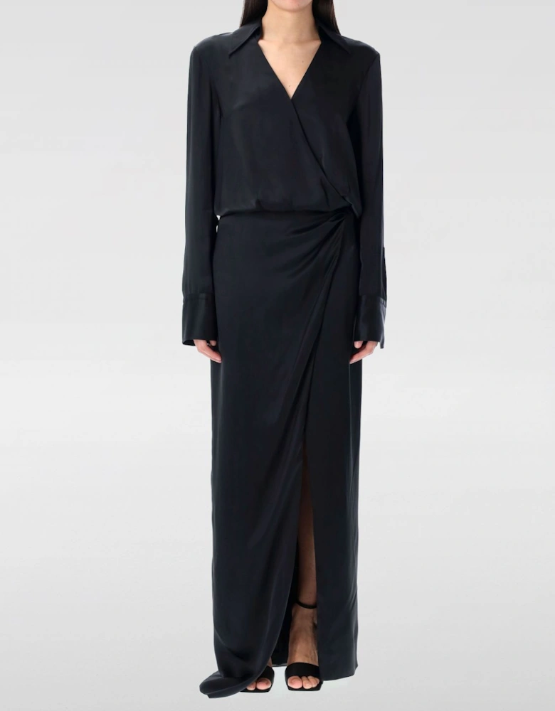 Elegant Long Sleeve Wrap Dress with Slit Formal Style