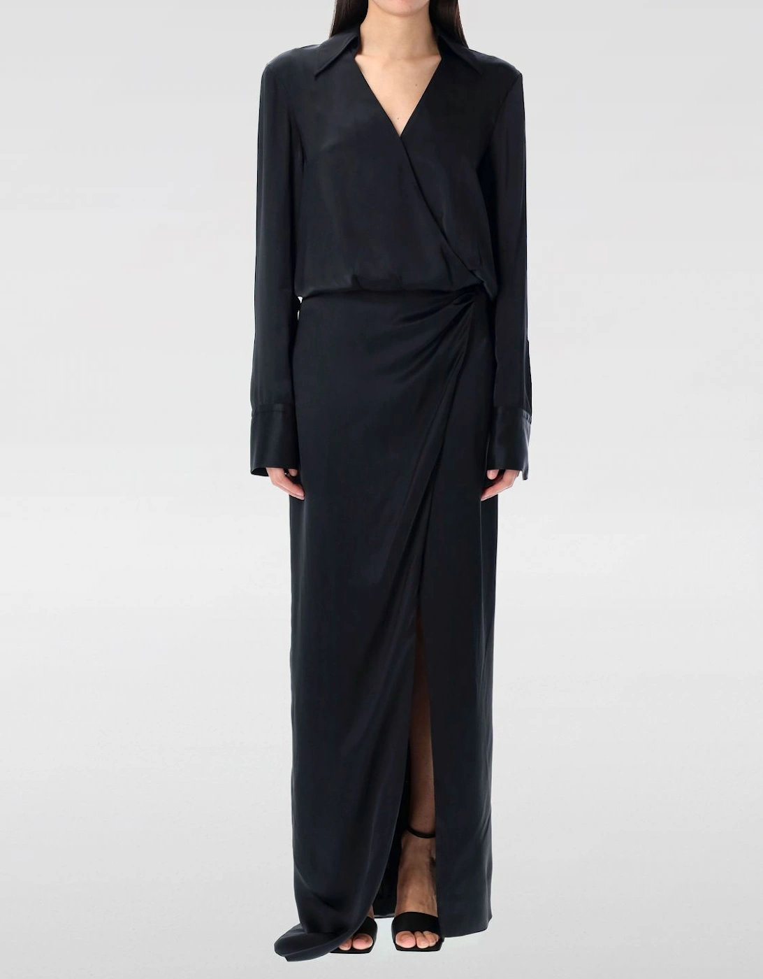 Elegant Long Sleeve Wrap Dress with Slit Formal Style