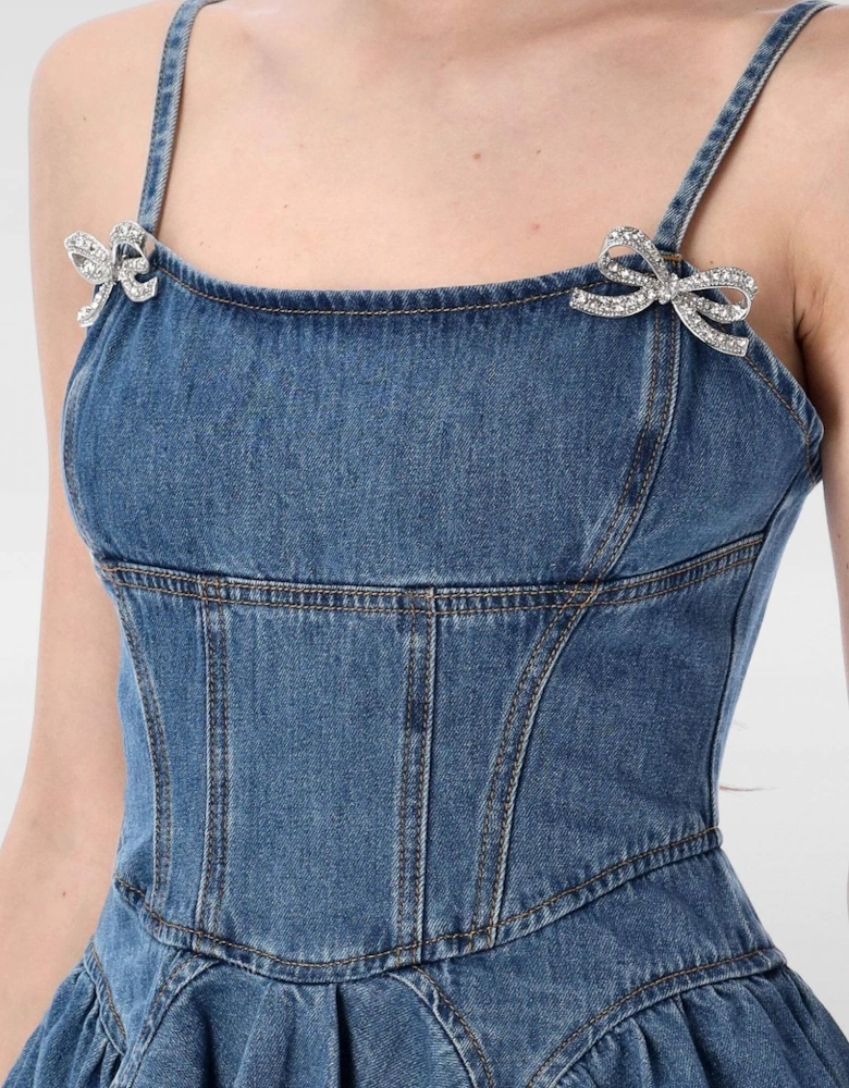 Denim Mini Dress Crystal Bow