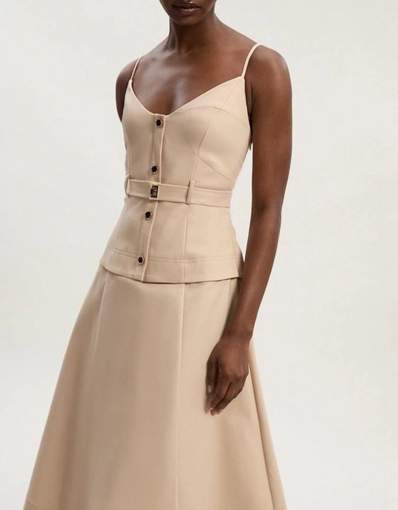 Techno Strappy Belted Hardware Detail Woven Midi Dress