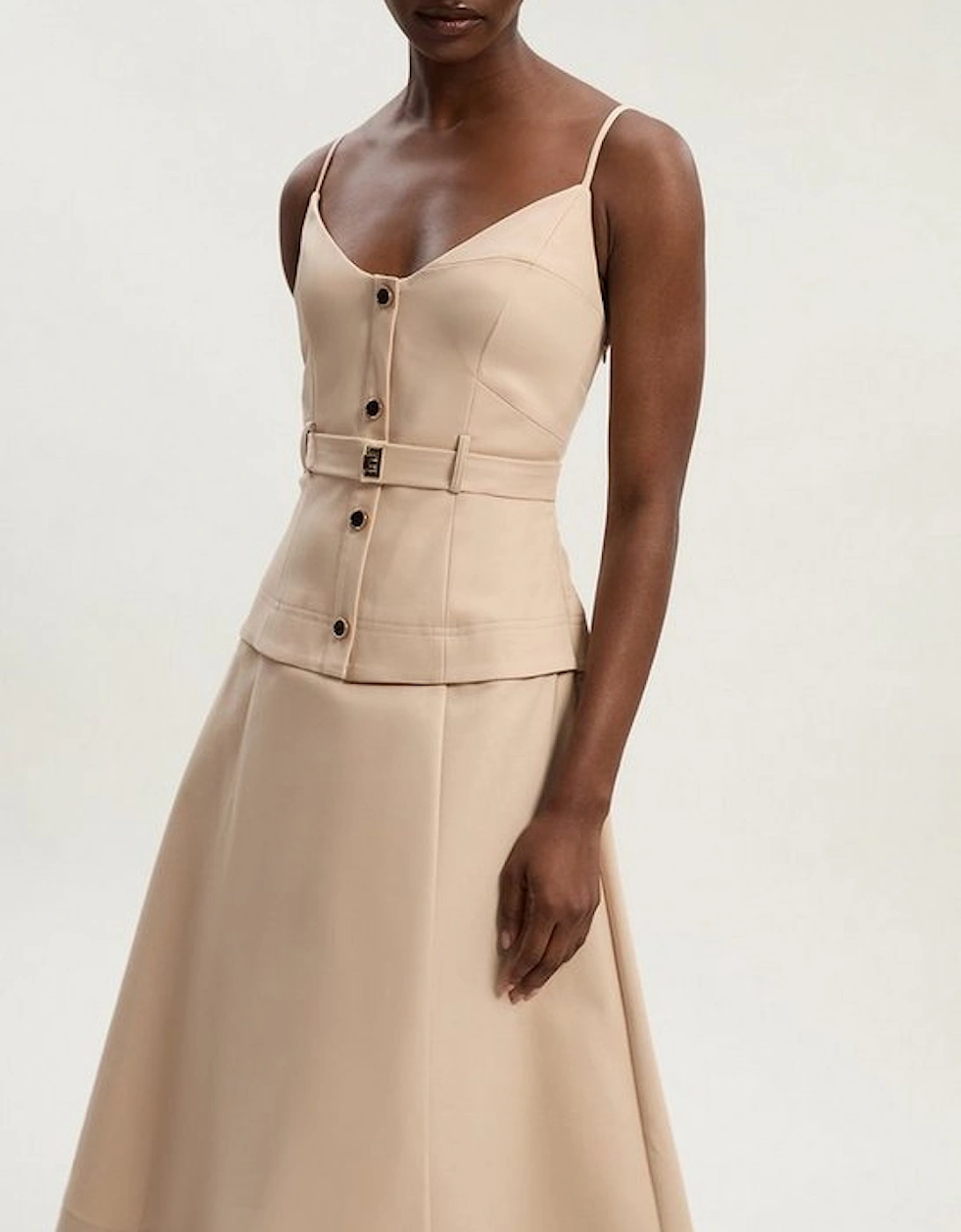 Techno Strappy Belted Hardware Detail Woven Midi Dress