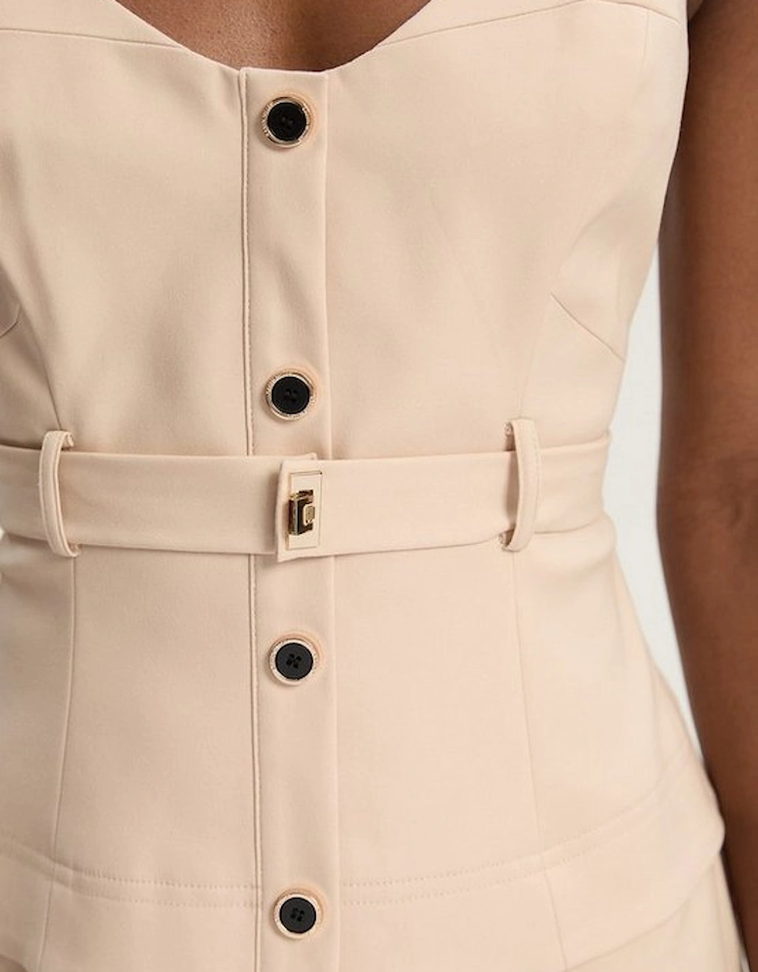 Techno Strappy Belted Hardware Detail Woven Midi Dress
