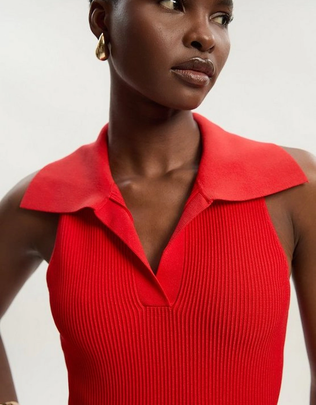Ottoman Stitch Sleeveless Collar Detail Knitted Midi Dress