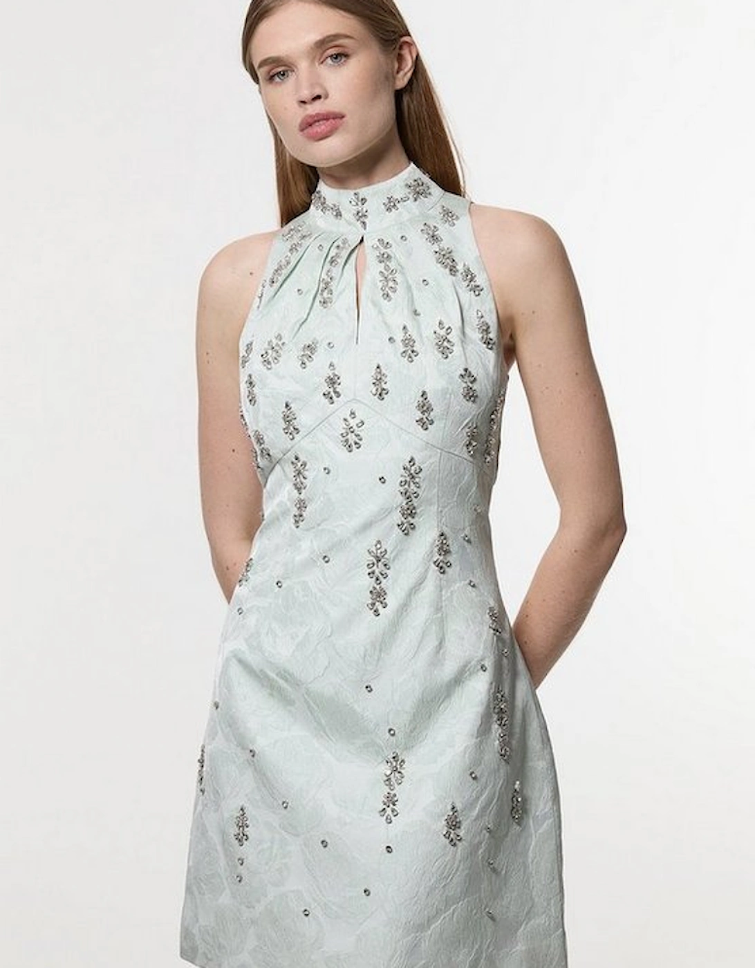Texture Jacquard Crystal Embellished High Neck Woven Mini Dress, 2 of 1