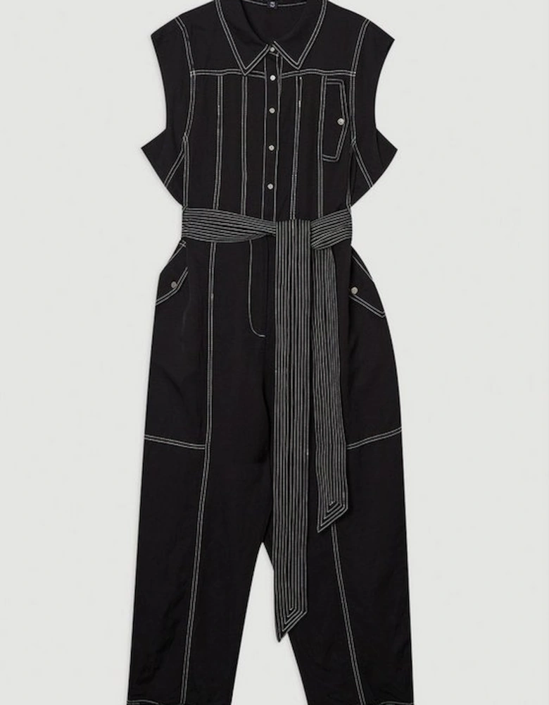 Plus Size Premium Linen Twill Topstitch Woven Jumpsuit