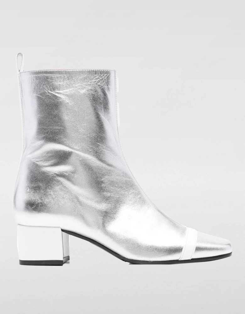 Metallic Leather Ankle Boots Block Heel