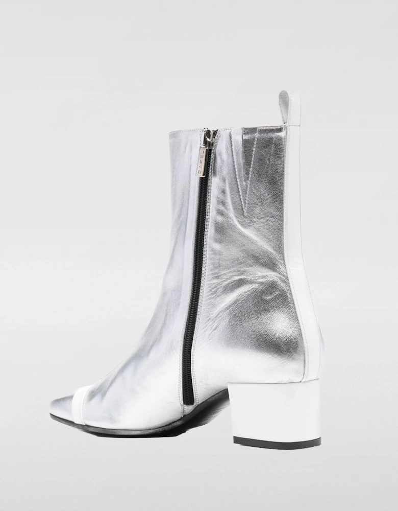 Metallic Leather Ankle Boots Block Heel